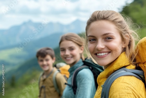 Smiling Friends Enjoy Hiking Adventure in Mountain Landscape