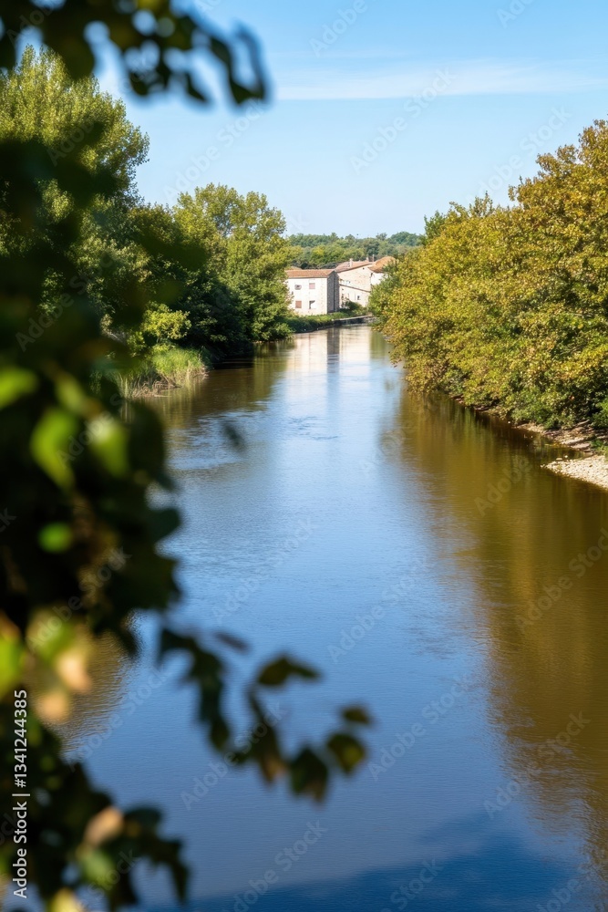 A river flowing through a sustainable landscape, showcasing nature's harmony and eco-friendly practices. A river flowing through a sustainable landscape, showcasing nature's harmony and eco-friendly practices.