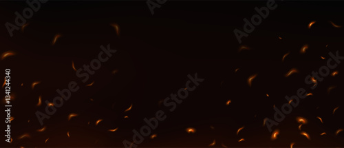 Flame sparkle effect, fire sparks, abstract glowing embers, heat sparkles, flying flame cinder, bokeh fire texture. Fire sparks on transparent background. Vector illustration. 