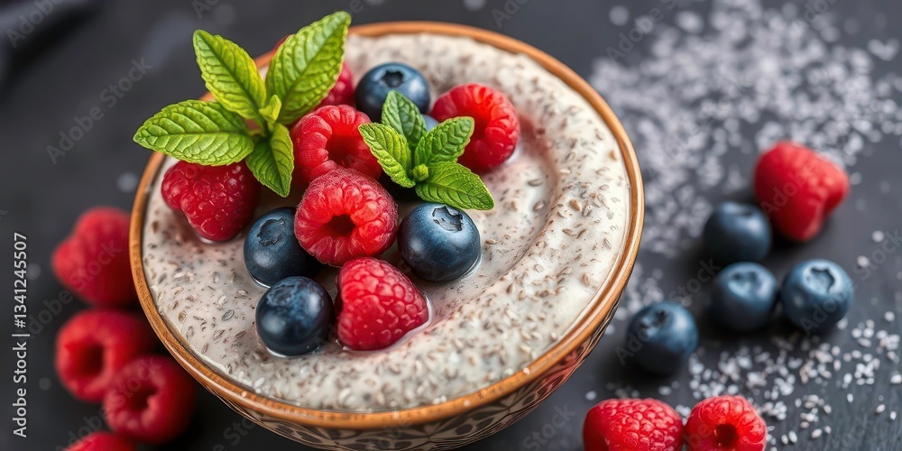 Chia seed pudding with raspberries & blueberries, mint garnish, dessert, morning Chia seed pudding with raspberries & blueberries, mint garnish, dessert, morning