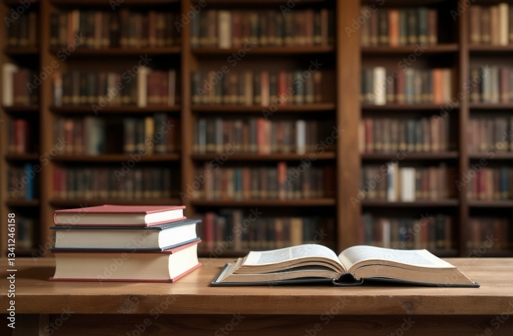 Open book in quiet library setting with stacked books Open book in quiet library setting with stacked books