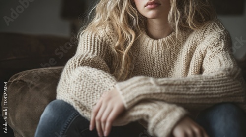 Teenage girl in beige sweater, resting on couch