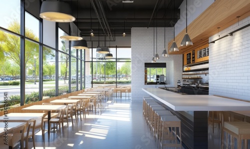 Modern cafe interior with large windows