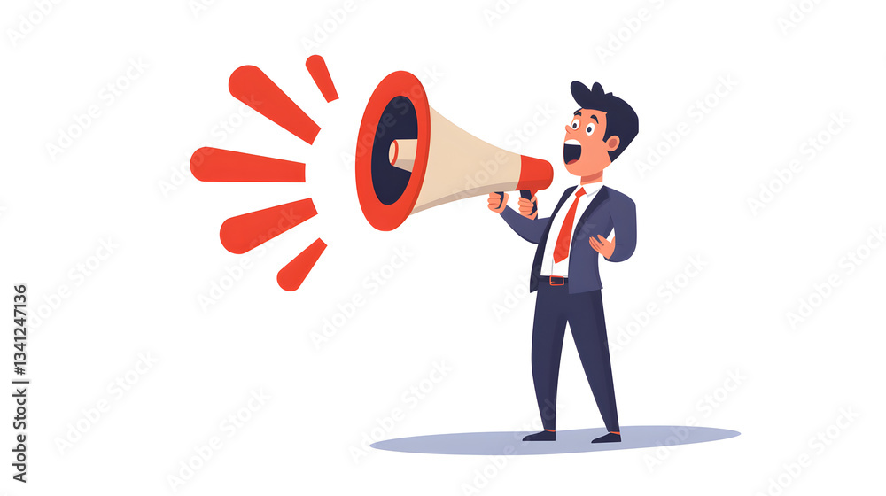 Professional businessman making announcement with exclamation point using megaphone Professional businessman making announcement with exclamation point using megaphone