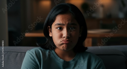 Young asian female expressing displeasure on couch in dimly lit room