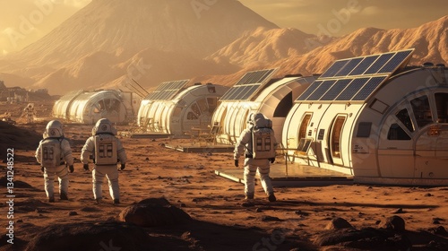 Pioneering extraterrestrial settlement: astronauts exploring a mars habitat with solar panels