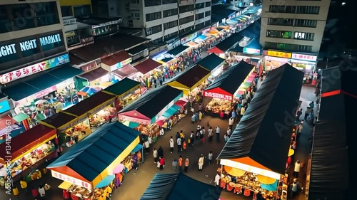 Night Market Bustle: Hong Kong Street Food Scene Aerial View