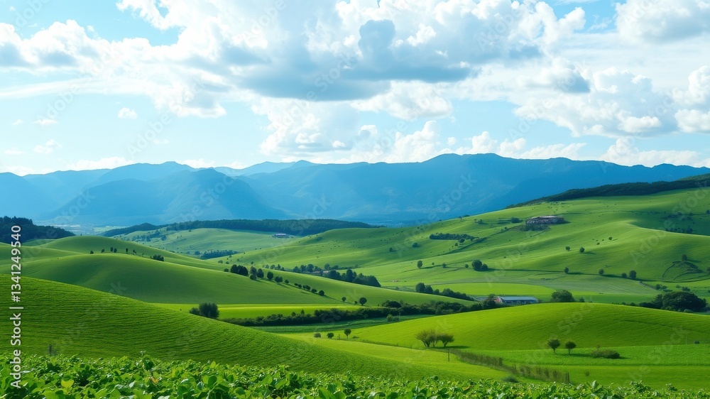 Fototapeta premium Serene Rolling Hills Landscape Under a Summer Sky
