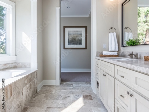 Wallpaper Mural A bathroom with a white sink and a white bathtub. The bathtub is next to a white wall Torontodigital.ca