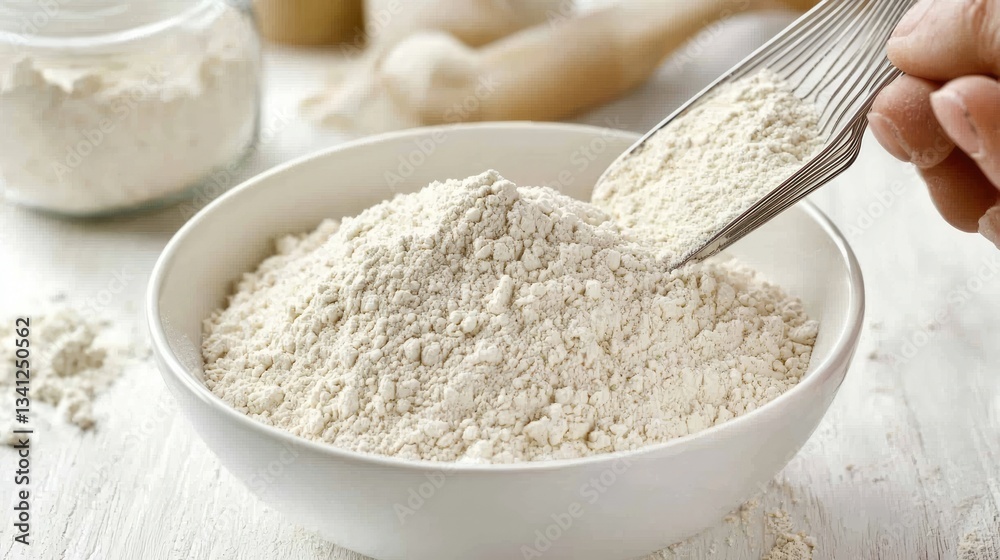 A bowl of flour is scooped with a metal tool A bowl of flour is scooped with a metal tool