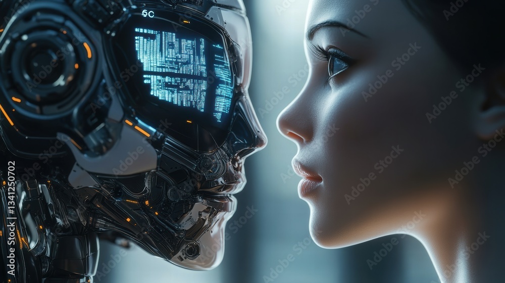 Fototapeta premium Robot with Digital Display Face Interacting with a Human