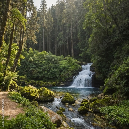 Tranquil forest waterfall in dense greenery, natural landscape, peaceful atmosphere