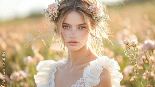 A young woman gazes softly at the viewer, adorned with a floral crown, surrounded by vibrant blossoms. The warm light of the setting sun enhances the serene atmosphere.