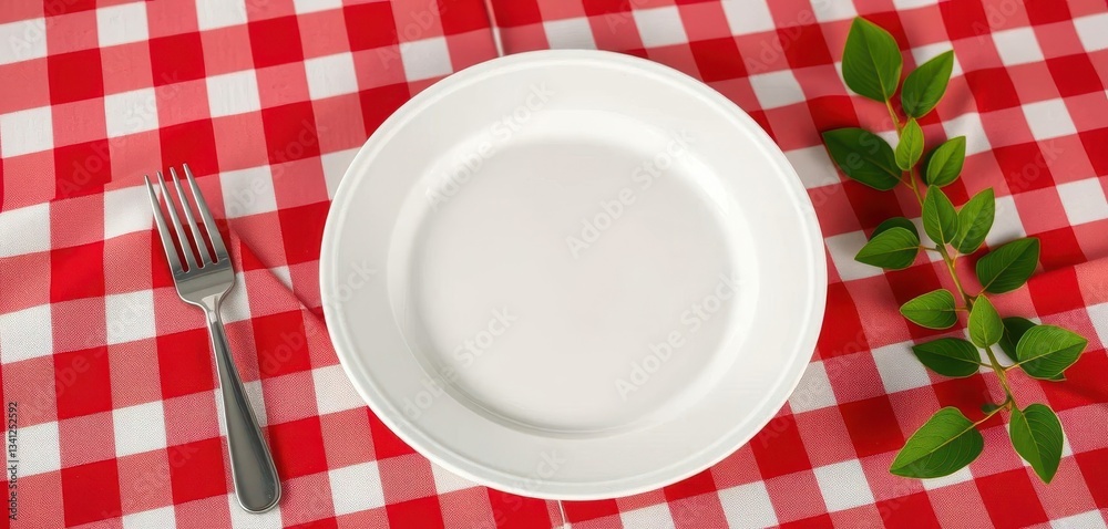 Clean empty white plate on classic red and white checkered tablecloth, food photography, diner Clean empty white plate on classic red and white checkered tablecloth, food photography, diner