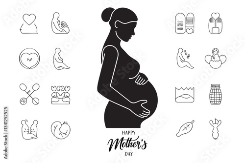 A pregnant woman silhouette, central to the composition, with a collection of outline icons related to pregnancy, motherhood, and Mother's Day
