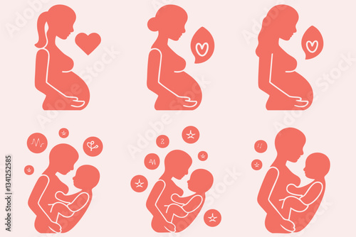A set of various stages of pregnancy and motherhood, shown as simple, stylized icons