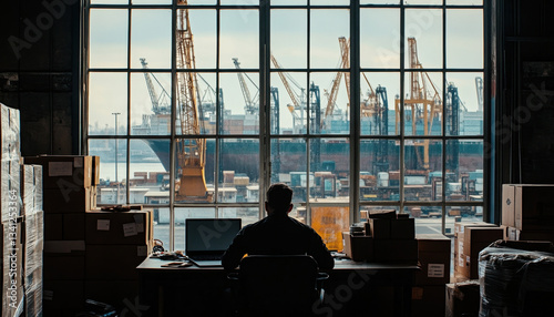 An industrial worker is seated at a desk, silhouetted against a large window. Outside, cranes are actively loading and unloading cargo in a bustling port, reflecting a busy work environment