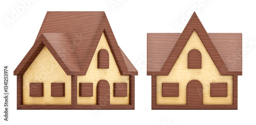A Toy House: Two isometric projections of a small house model with a simple design made of two sorts of wood; 3D rendered graphics isolated on a transparent background.