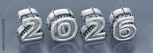 The New Technological Year of 2026: 3D digits, designed in a modern steampunk style, forming the number 2026 on a reflective surface. 3D-rendered graphics in an isometric projection.