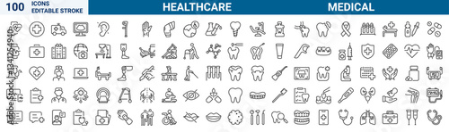 Set of 100 line icons healthcare medical. Medical care. Dermatology, gynecology, oncology, dentistry. Sports and fitness, Editable stroke Vector illustration. Outline icon collection