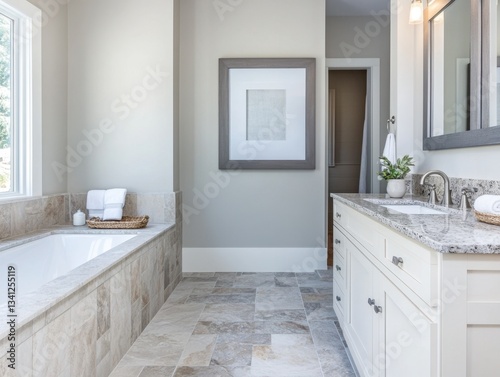 Wallpaper Mural A bathroom with a white bathtub and a white sink. The sink has a mirror above it Torontodigital.ca