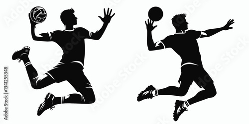 Handball player pose action Jump shots silhouette captures the dynamic energy of athletes in mid-air throw.
