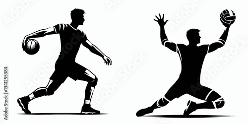 Handball player pose action pivoting silhouette, illustrate a quick twist dodging an opponent.