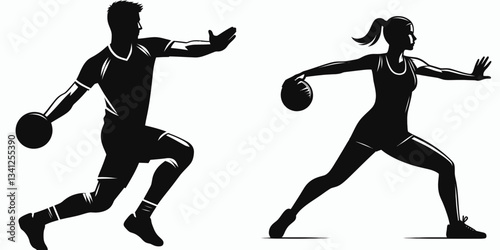 Handball player pose action pivoting silhouette, a swift turn defines court strategy.