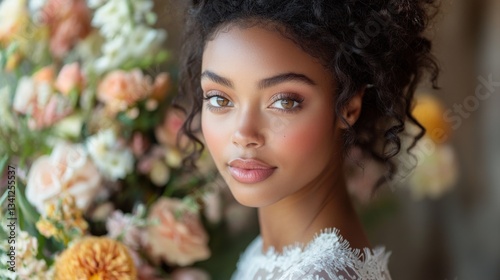 A young woman with curly hair gazes gently at the viewer while standing among vibrant flowers. The natural light enhances her soft features, creating a serene atmosphere.