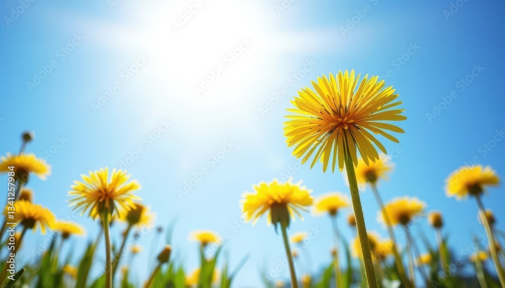 Fototapeta premium Sunlit dandelion field, vibrant yellow against a clear blue sky, flora, serene