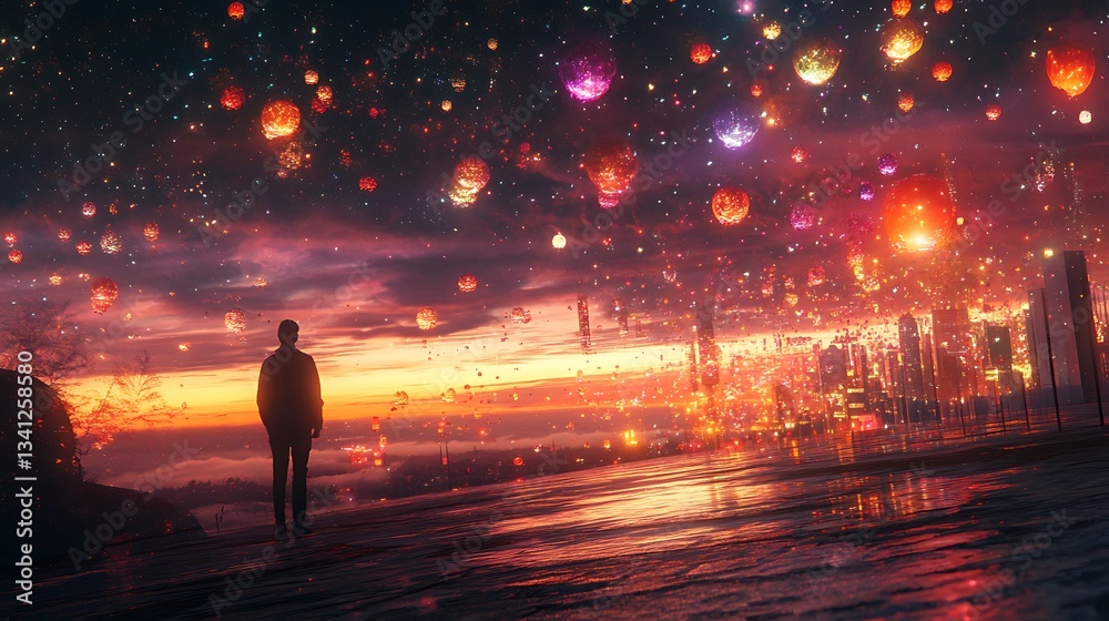 Fototapeta premium A silhouette stands against a vibrant sky filled with glowing lanterns and city lights.