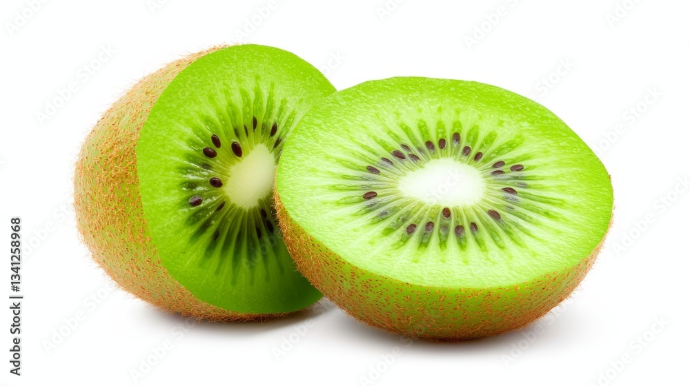 A fresh green kiwi slice isolated on white offers a juicy, vitamin-rich tropical fruit experience