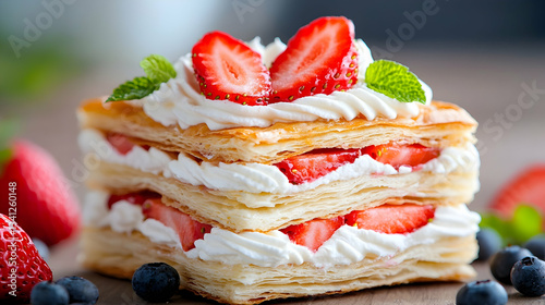Delicate Strawberry Mille-feuille Pastry with Whipped Cream Layers