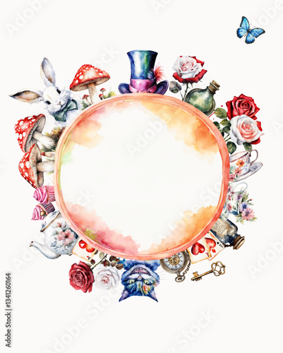 Wonderland poster, banner, greeting card.  Watercolor white rabbit, cat,  hat, key, clock, tea cup, rose, mushrooms  and other. Frame and place for text. Vector illustration
