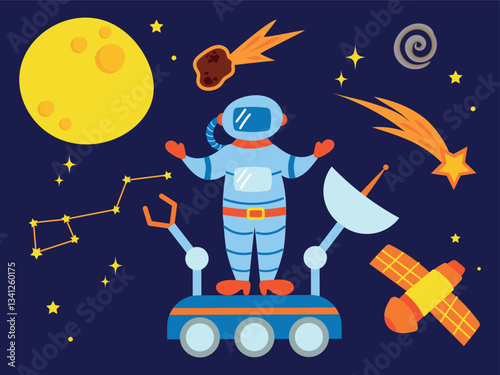 Astronaut, cosmonaut stands on a lunar rover surrounded by falling stars, constellations, the Moon, a satellite