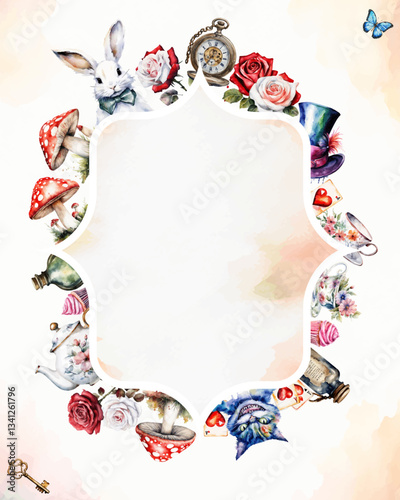 Wonderland poster, banner, greeting card.  Watercolor white rabbit, cat,  hat, key, clock, tea cup, rose, mushrooms  and other. Frame and place for text. Vector illustration