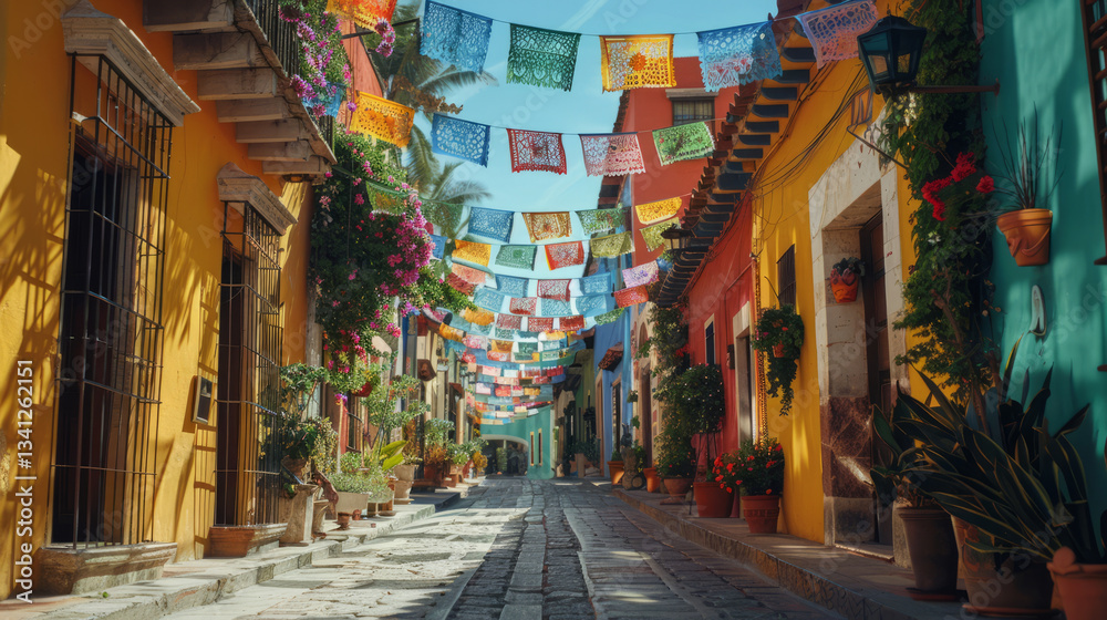 Fototapeta premium Colorful street with papel picado banners