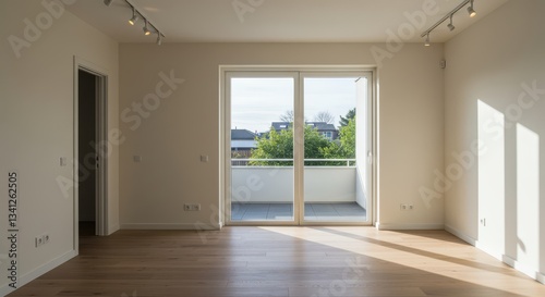 Spacious Empty Room with Hardwood Floor and Balcony in Daylight