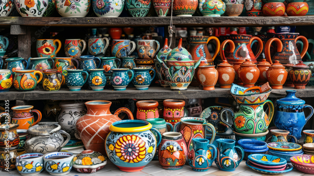Fototapeta premium Colorful pottery collection displayed on shelves
