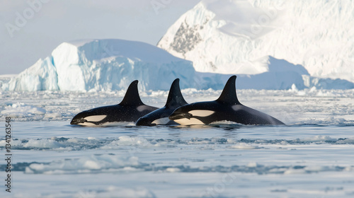 Orcas swimming in icy Arctic waters with striking black and white patterns