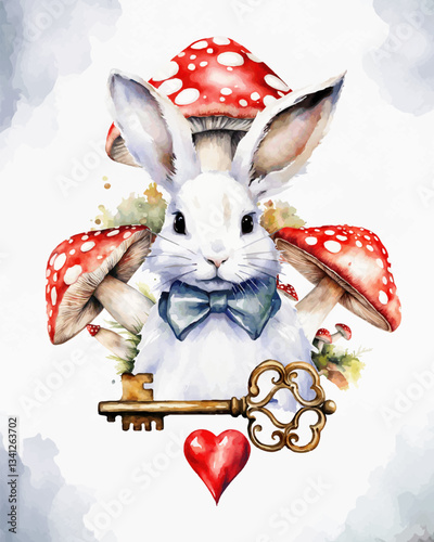 Wonderland poster, banner, greeting card.  Watercolor white rabbit,key, red mushrooms, heart on  white watercolor background. Vector illustrations