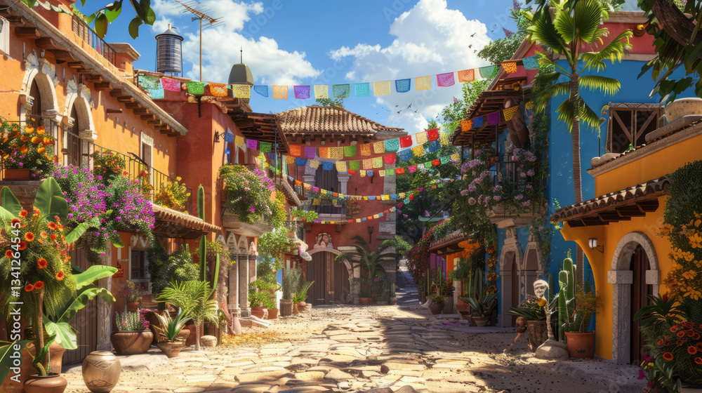 Obraz premium vibrant street scene with colorful buildings and decorations