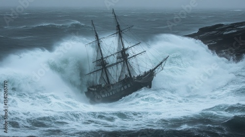 Storm-tossed sailing ship in rough seas