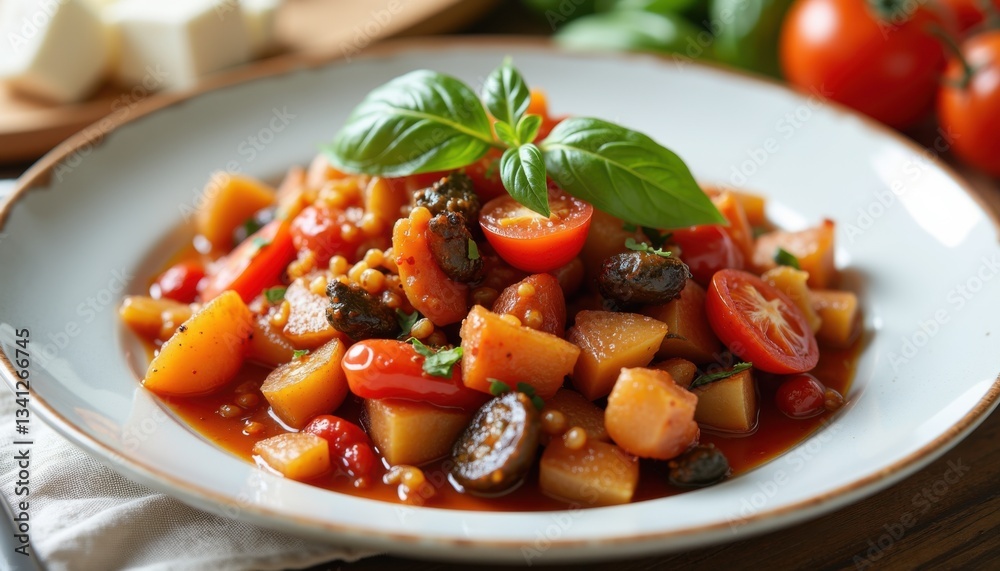 Sicilian caponata with potatoes and olives on a white plate