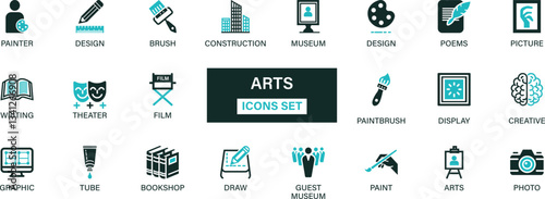 Arts icon set collection. Painter, design, brush, construction, museum, poems, picture, writing, film, paintbrush, creative, tube and best solid icon set.
