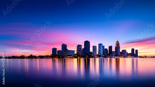 Detroit City Skyline at Sunset with Water Reflection