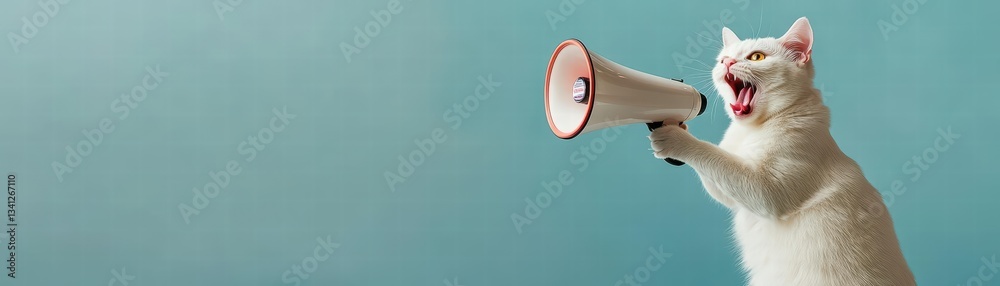 Fototapeta premium A playful white cat shouting loudly into a megaphone with an engaging expression in a vibrant setting
