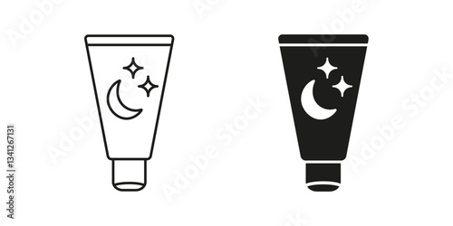 Night Cream Tube with Moon and Stars Line and Silhouette Icon Set. Bedtime Skincare Product Symbol. Nighttime Beauty Product for Skin Care. Editable Stroke. Isolated Vector Illustration