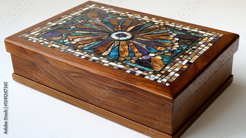 A handcrafted jewelry box with a mosaic of gemstones inlaid on the lid digital