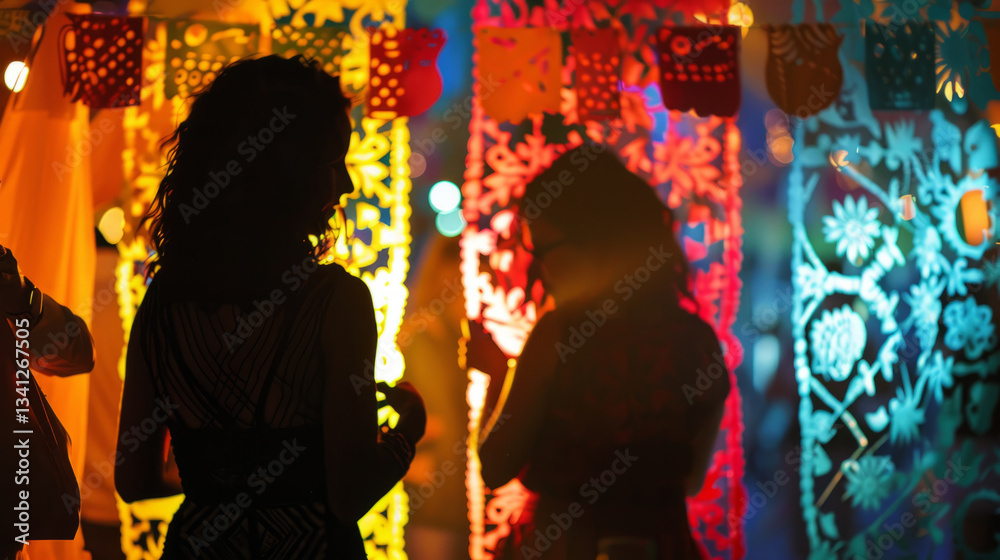 Fototapeta premium Colorful decorations create festive atmosphere with silhouettes